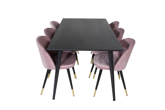 Venture Home - Dipp Matbord 180x90cm Svart Faner + Velvet Stolar Rosa/Svart