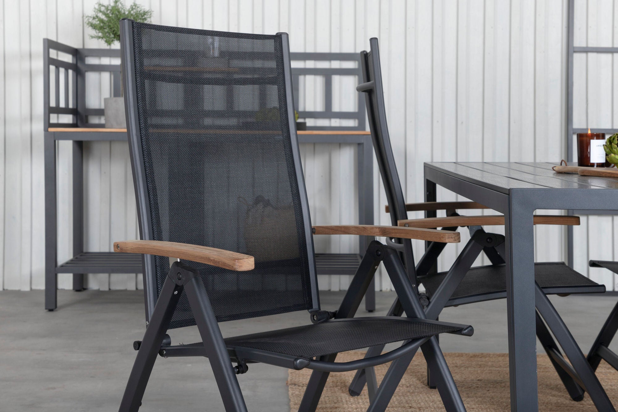 Venture Home - Break Bord 150*90 - Svart/Svart+Panama Ljus 5-pos Stol Svart/Svart och Teak