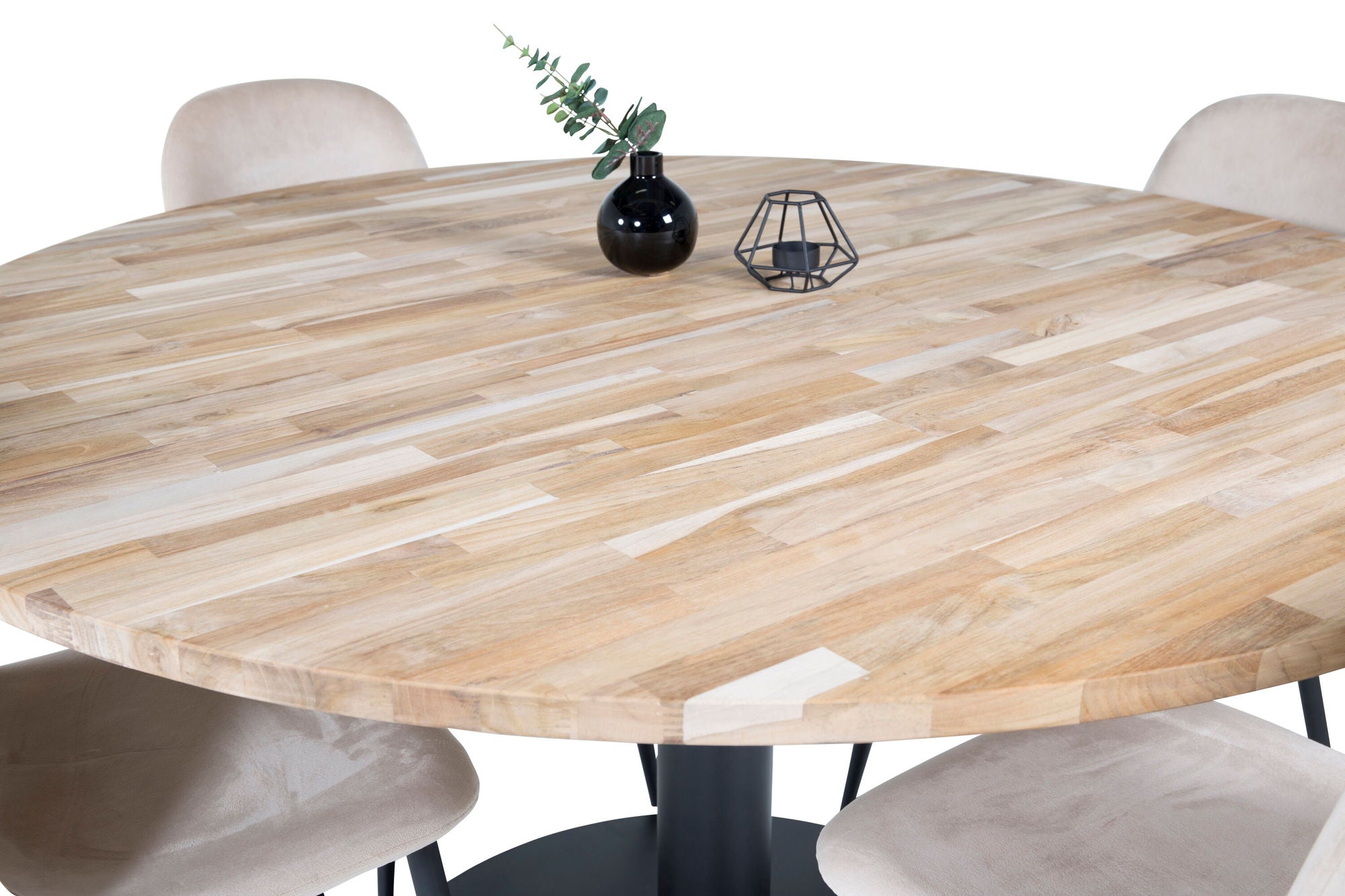 Venture Home - Cirebon Rundt Bord - 140cm - Teak / Svart + Polar Matstol - Svarta Ben / Beige Sammet_4