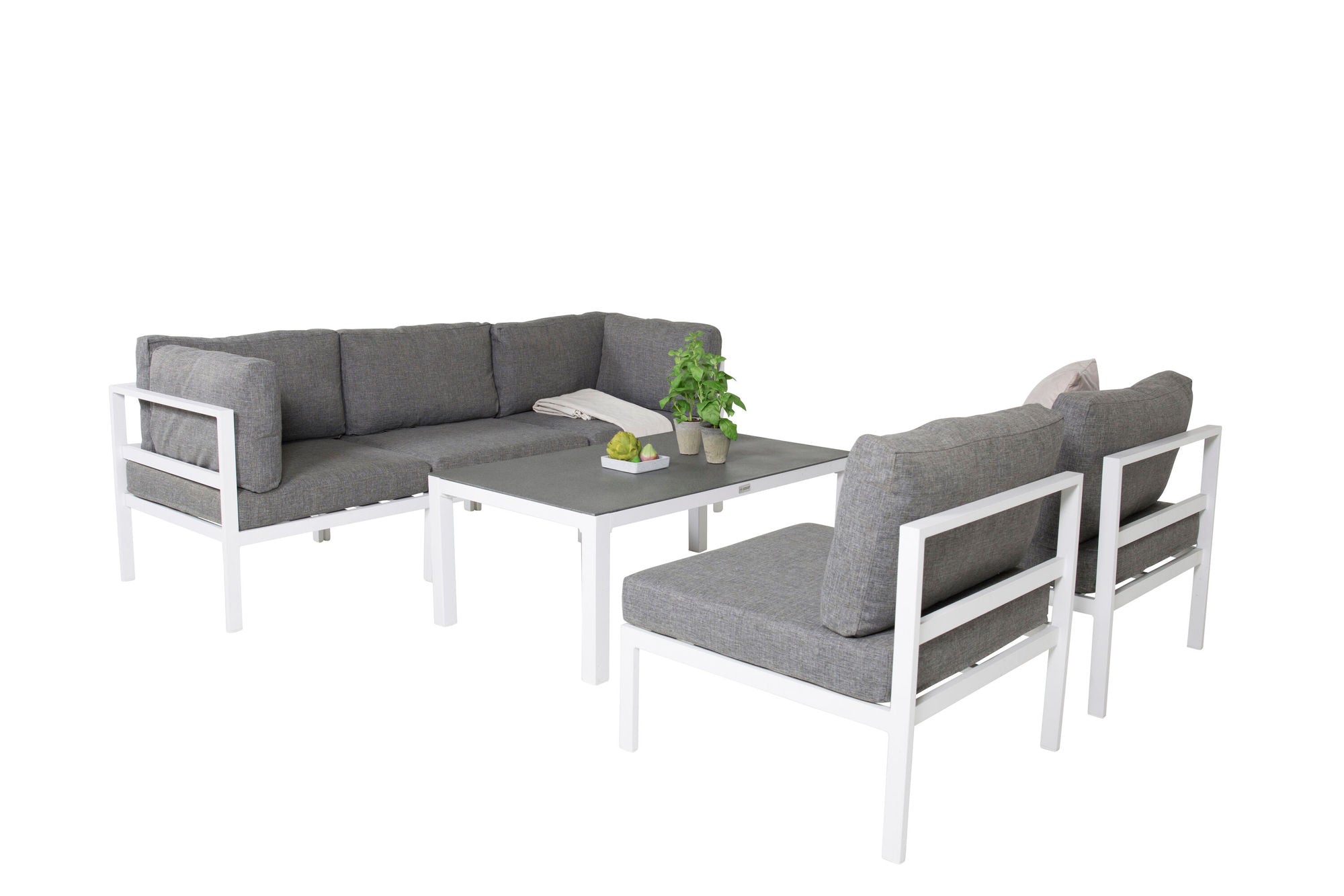 Venture Home - Copacabana Longe Set 5pcs - Vit Alu / Grå Kuddfodral + Copacabana Soffbord