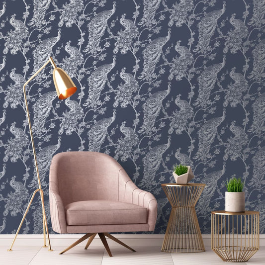 DUTCH WALLCOVERINGS Tapet påfågel marinblå och silver