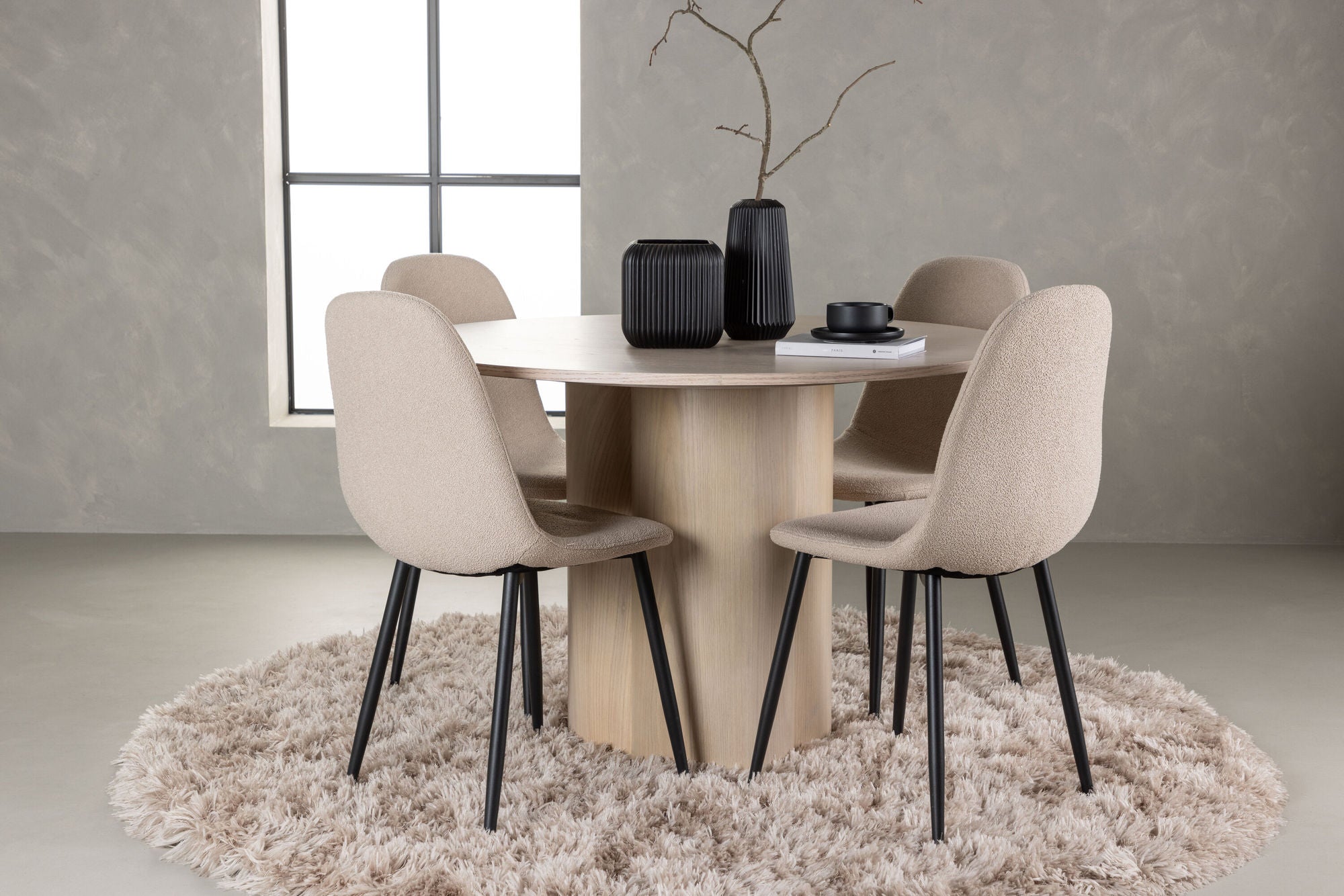 Venture Home - Olivia Matbord - Vit Vaskad Fanér + Polar Matstol - Svart / Beige Boucle _4