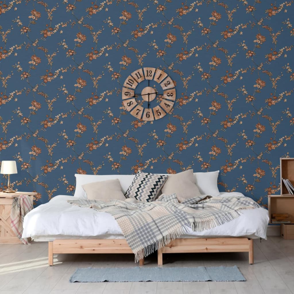 DUTCH WALLCOVERINGS Tapet Flower mörkblå och brons