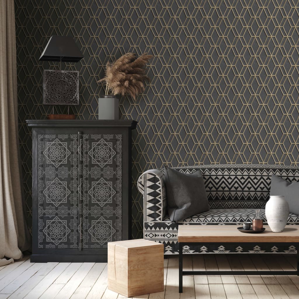 DUTCH WALLCOVERINGS Tapet hexagonal  och guld